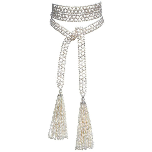 All Pearl Woven Sautoir with solid 14k White Gold & Seed Pearl Tassels