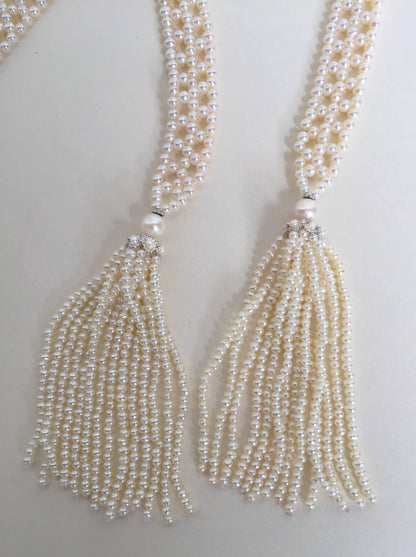 Extra Long Pearl Woven Sautoir with solid 14k White Gold & Seed Pearl Tassels