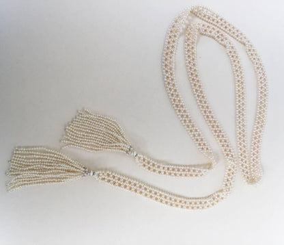 Extra Long Pearl Woven Sautoir with solid 14k White Gold & Seed Pearl Tassels