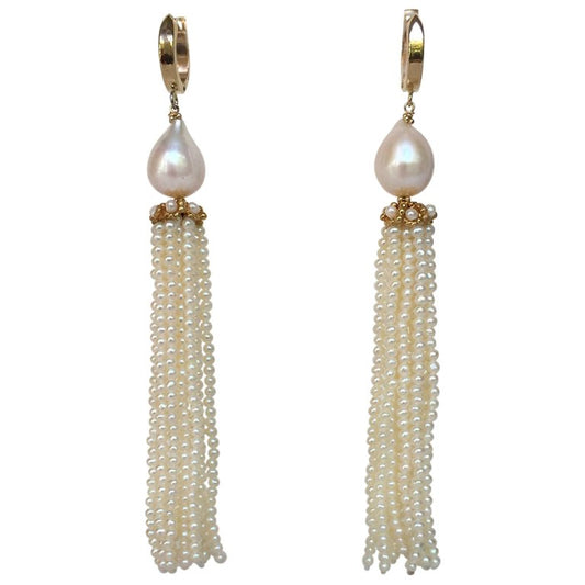 White Pearl Tassel Earrings with 14 Karat Yellow Gold Cup and Lever Back