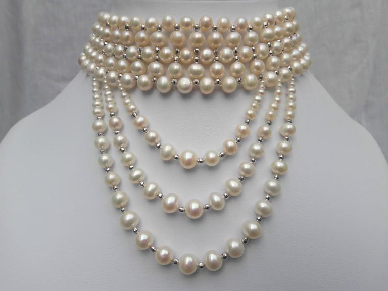 Woven White Pearl and Draped Choker with Rhodium Plated Silver