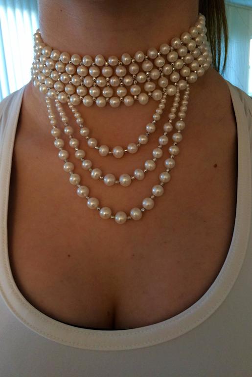 Woven White Pearl and Draped Choker with Rhodium Plated Silver