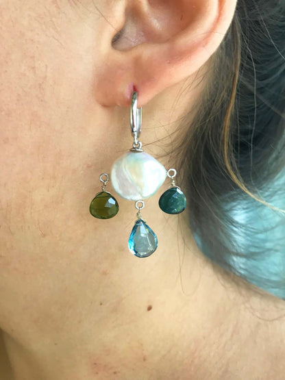 Pearl, Tourmaline, London Blue Topaz & 14K White Gold Earrings
