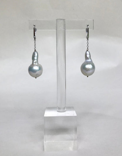 Dangle White Baroque Pearl Earrings with 14 K Gold Chain &Lever-Back