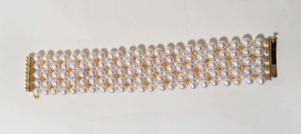 Woven Pearl Bracelet with Gold plated Sterling Silver Beads and Clasp