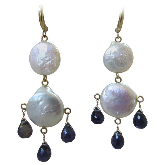 Marina J Large Double "Coin" Pears, Iolite Briolettes and 14 k gold Earrings