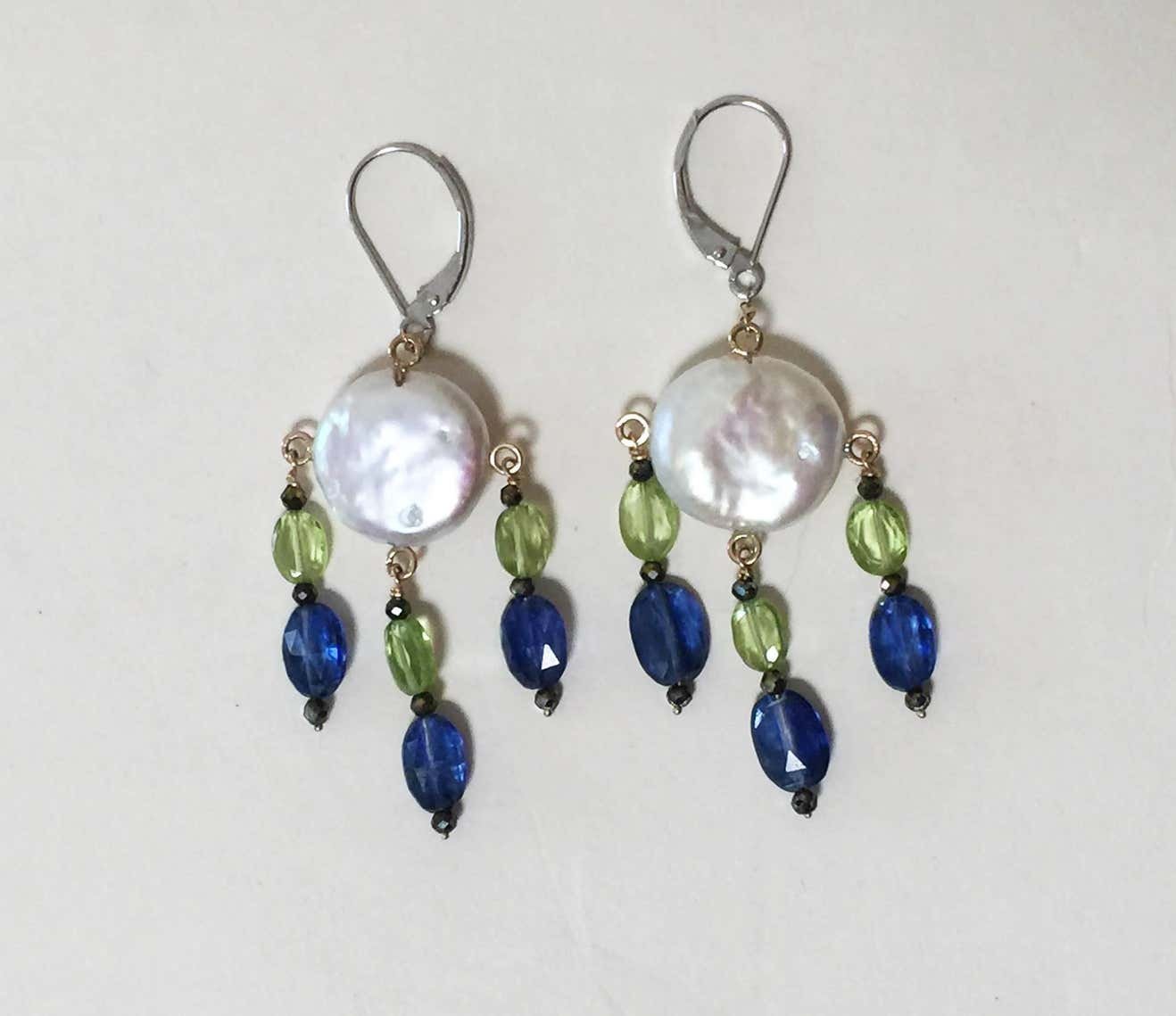 Pearl, Peridot, & Kyanite Earrings with Black Spinel & 14k Yellow Gold