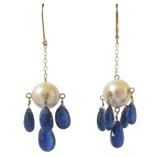 Marina j Pearl and Kyanite Briolettes Dangle Earrings on a 14K Yellow Gold Chain