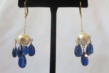 Marina j Pearl and Kyanite Briolettes Dangle Earrings on a 14K Yellow Gold Chain