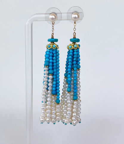 Turquoise, Pearl & solid 14k Yellow Gold Tassel Earrings