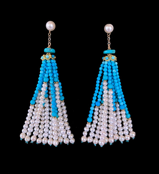 Turquoise, Pearl & solid 14k Yellow Gold Tassel Earrings