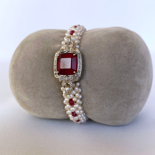 Woven Pearl, Ruby & Diamond Encrusted Bracelet with 14k White Gold