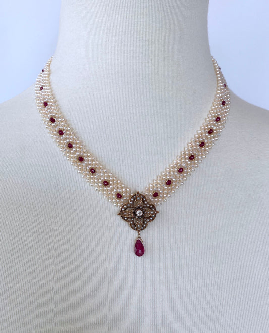 Pearl, Ruby and 14k Gold Necklace with Vintage Diamond Set Centerpiece