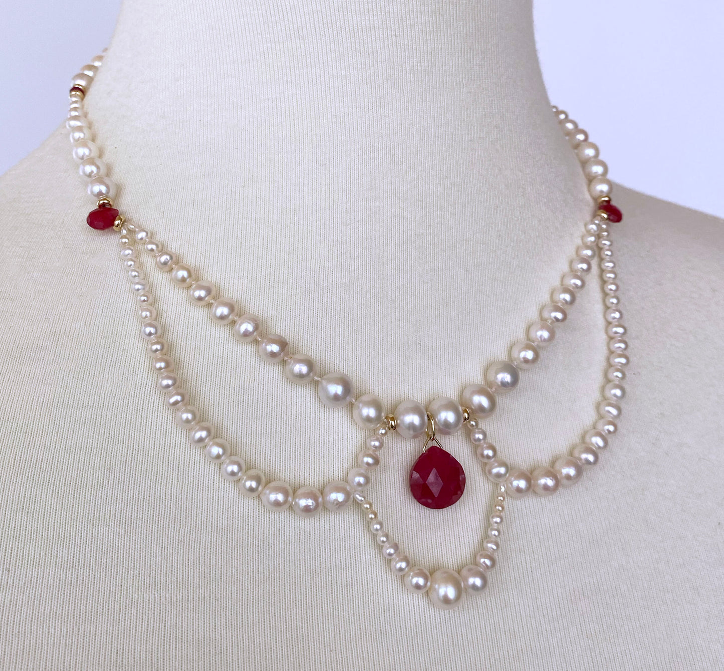 Pearl, Ruby and 14K Yellow Gold Victorian Inspired Necklace