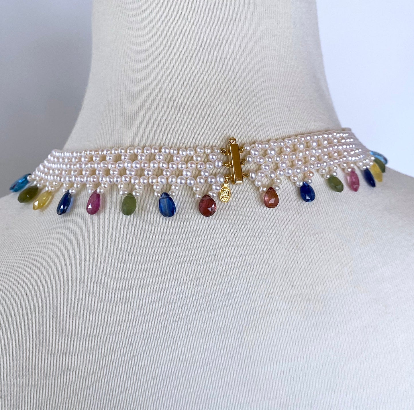 Pearl Woven Necklace w Multi Semi Precious Stones and 14k Yellow Gold