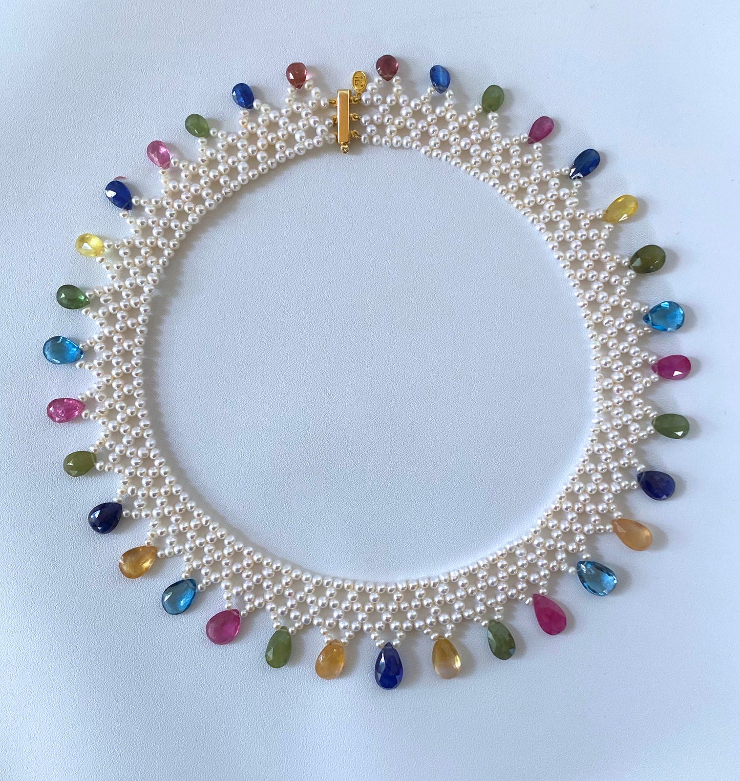 Pearl Woven Necklace w Multi Semi Precious Stones and 14k Yellow Gold
