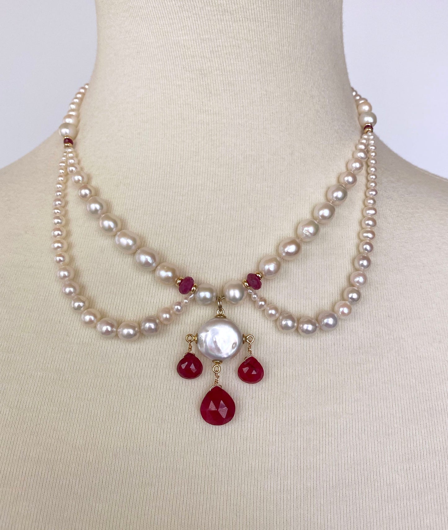 Graduated Pearl, Ruby and 14K Yellow Gold, Chandelier Necklace