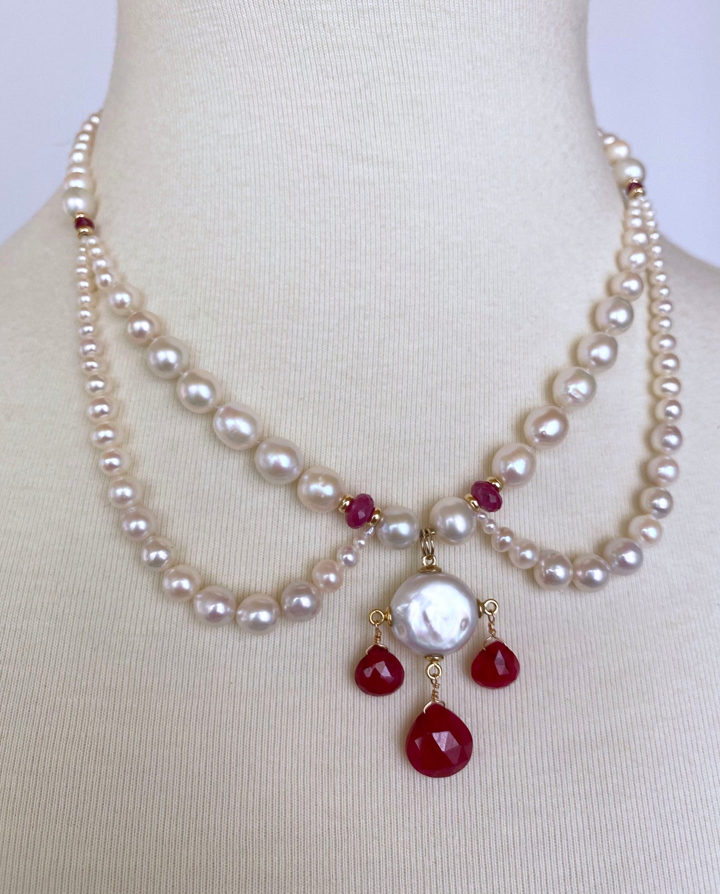 Graduated Pearl, Ruby and 14K Yellow Gold, Chandelier Necklace