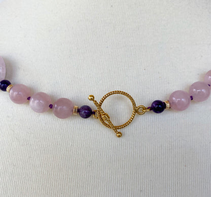 Rose Quartz and Amethyst Necklace with Gold plated Silver Toggle Clasp