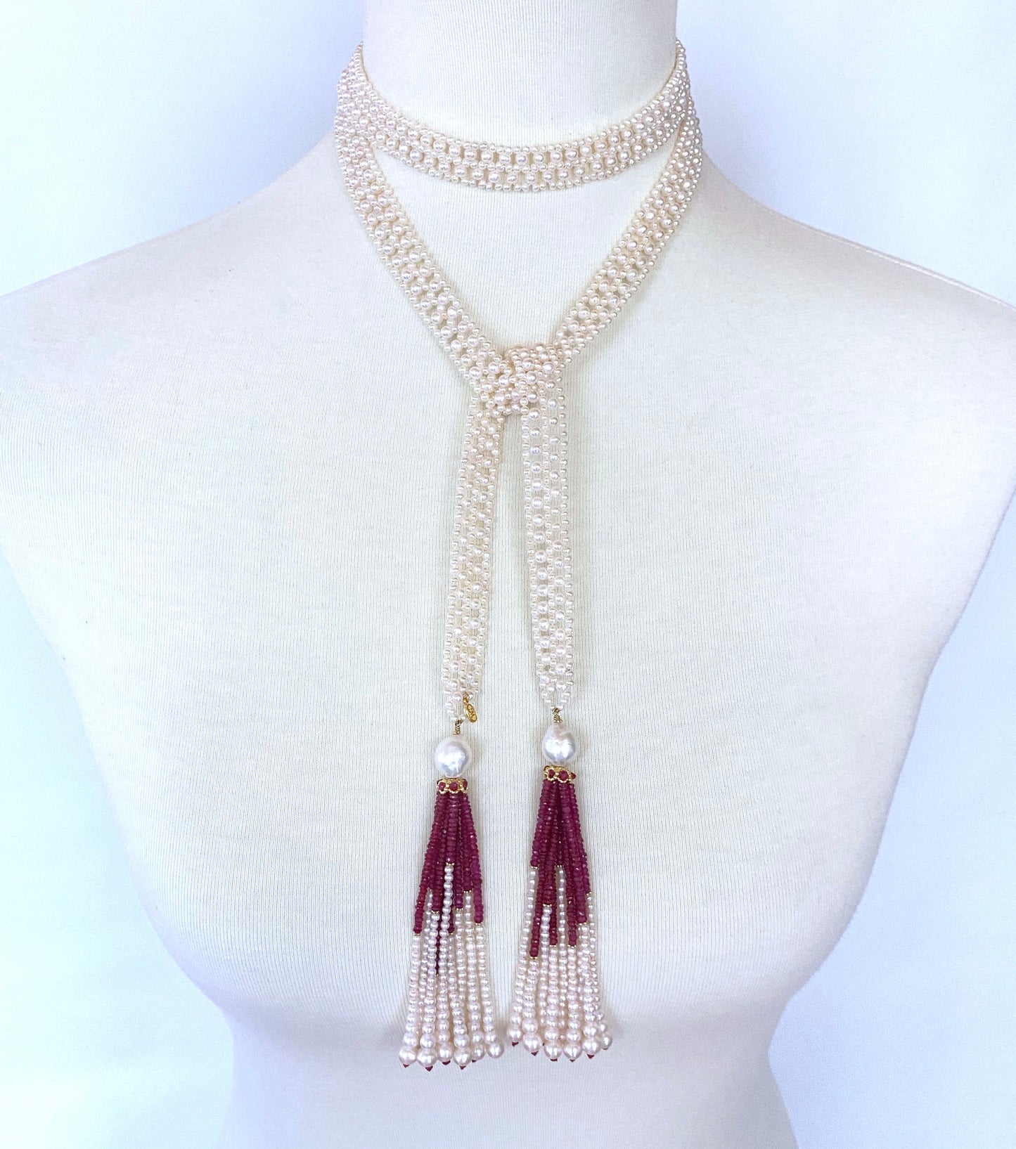 Pearl Woven Lace Sautoir with Faceted Ruby and 14k Yellow Gold