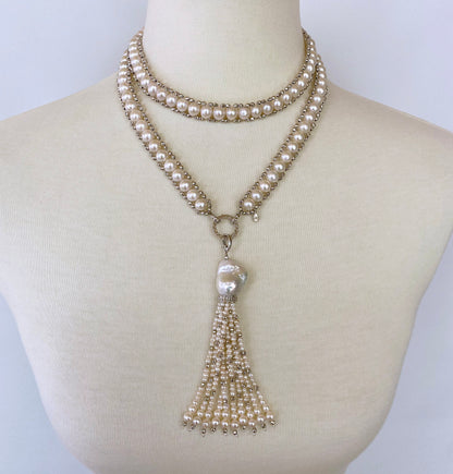 Pearl Woven Sautoir with High Shine "Disco" Diamond Encrusted Tassel