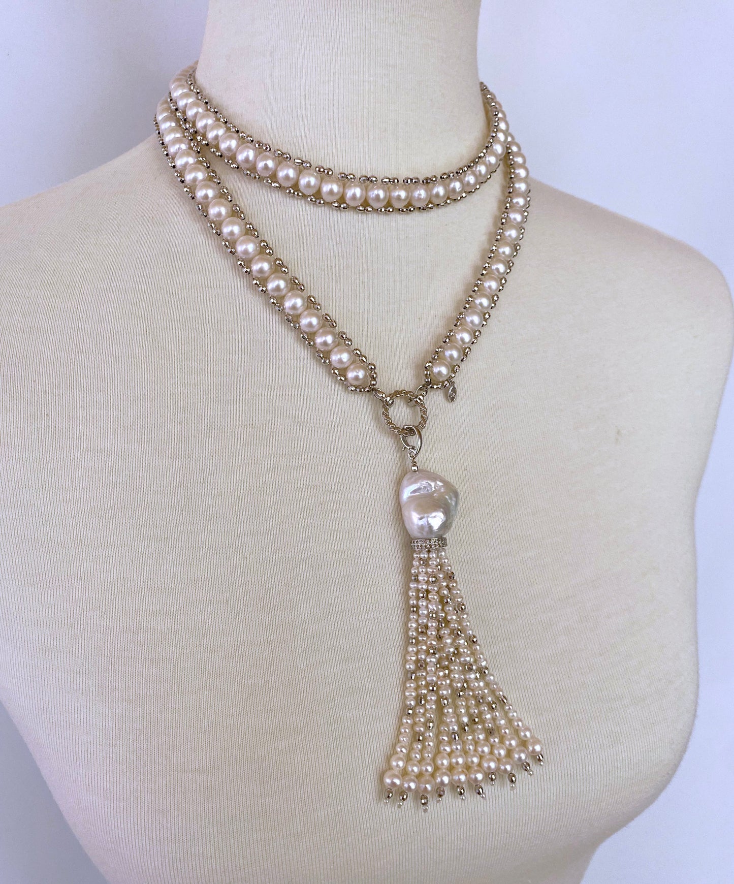 Pearl Woven Sautoir with High Shine "Disco" Diamond Encrusted Tassel