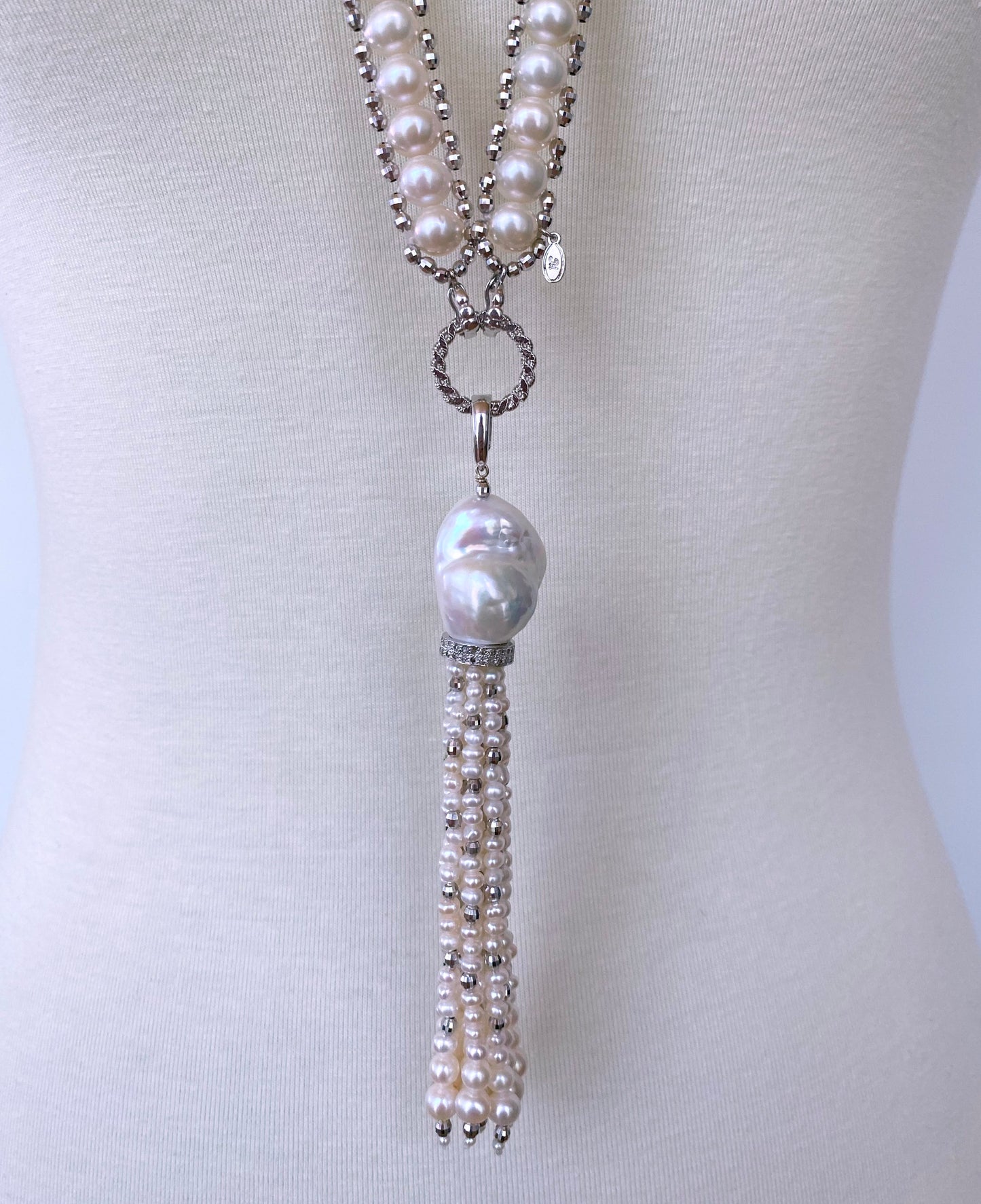 Pearl Woven Sautoir with High Shine "Disco" Diamond Encrusted Tassel