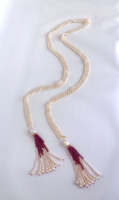 Pearl Woven Lace Sautoir with Faceted Ruby and 14k Yellow Gold