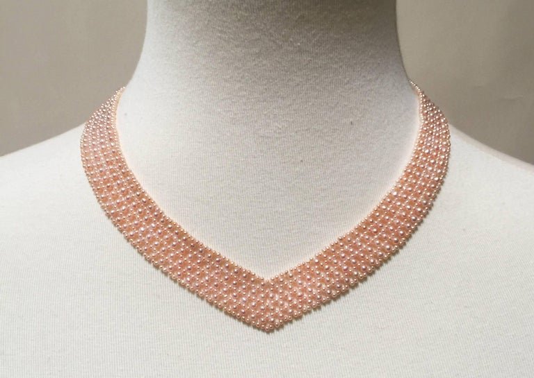 Marina J. Pink Pearl Woven 'V' Necklace with 14k Gold Clasp & Vintage Brooch