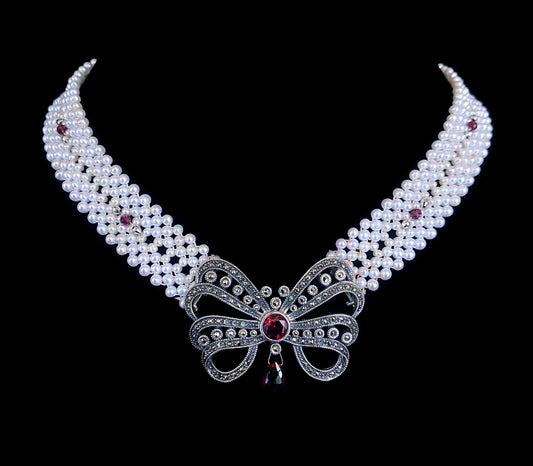 Marina J Woven Pearl Necklace with Sterling Silver Vintage Brooch with Garnet