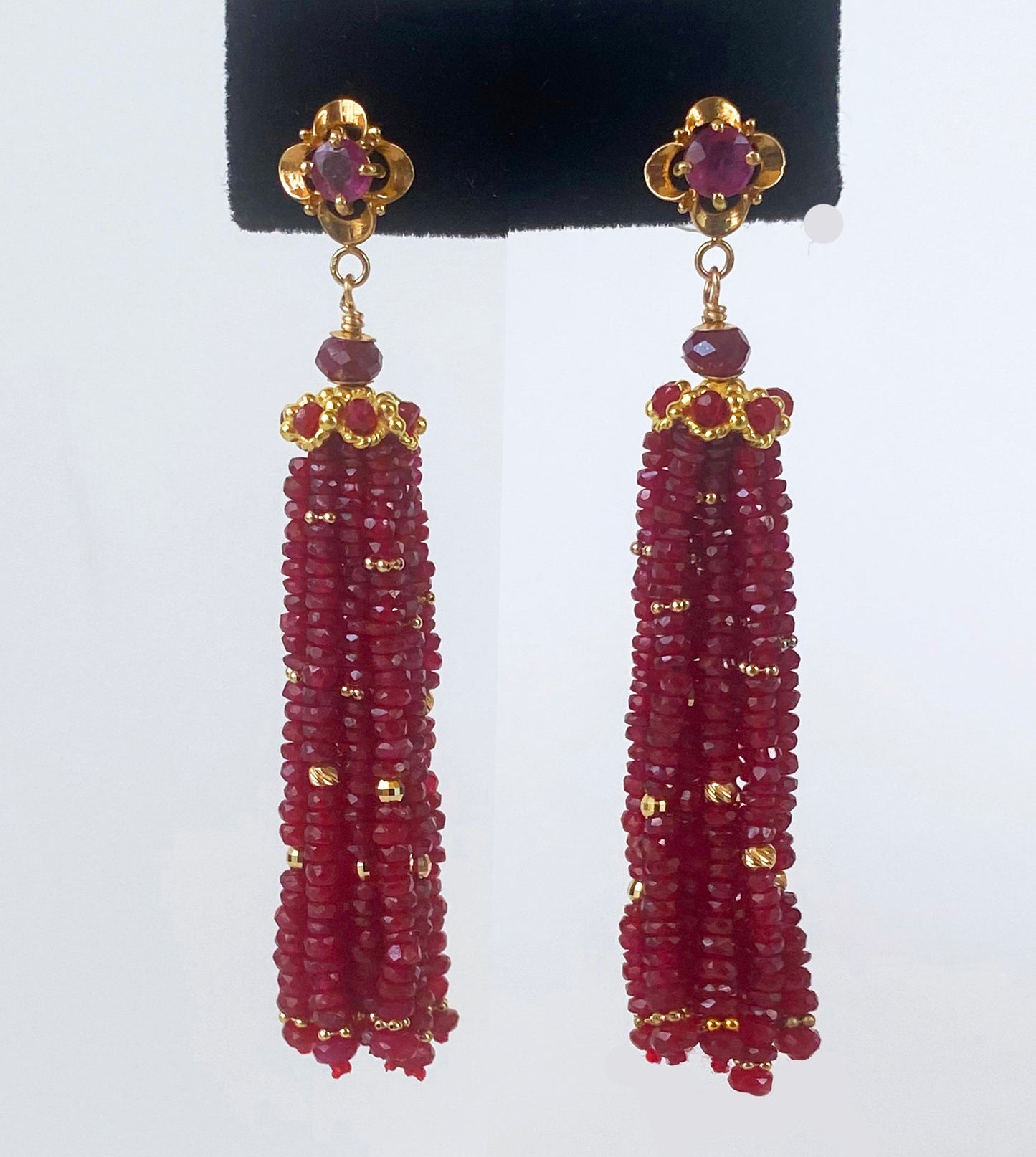 Ruby and Solid 14k Yellow Gold Tassel Earrings