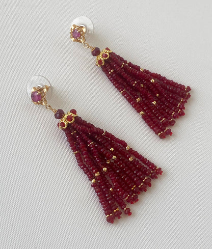 Ruby and Solid 14k Yellow Gold Tassel Earrings