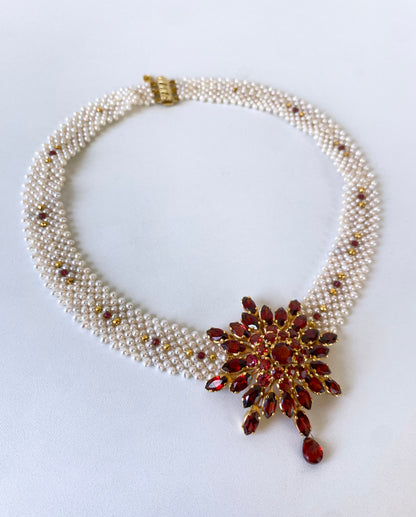 One of a Kind woven Pearl & Garnet Necklace with Vintage Garnet Brooch