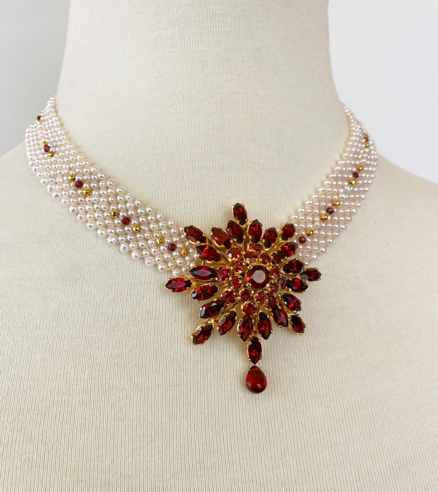 One of a Kind woven Pearl & Garnet Necklace with Vintage Garnet Brooch