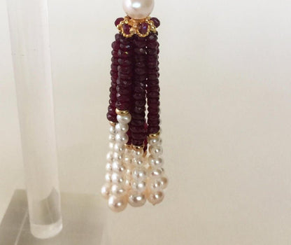 White Pearl and Ruby Graduated Tassel Earrings with 14k Yellow Gold