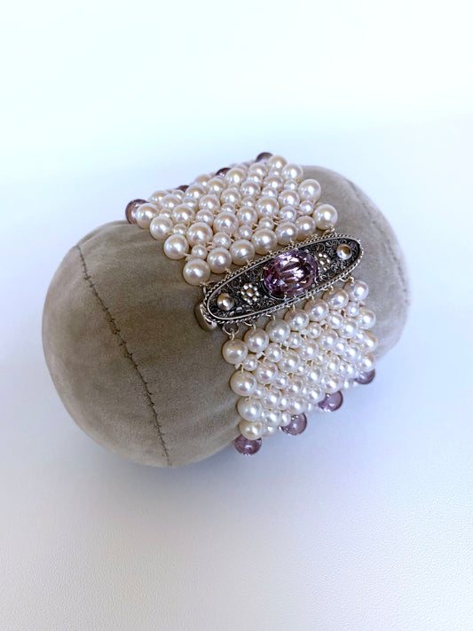 Amethyst and Pearl Bracelet with Vintage Centerpiece Clasp and Rhodium