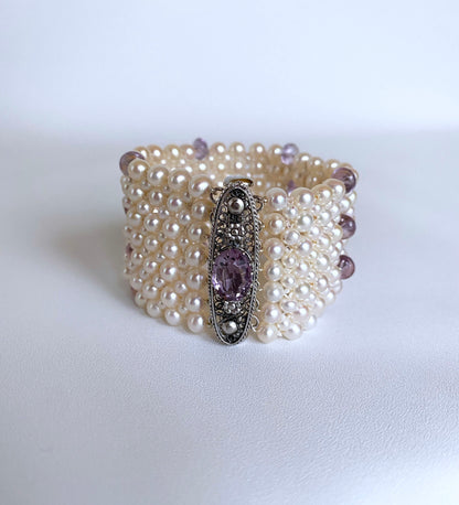 Amethyst and Pearl Bracelet with Vintage Centerpiece Clasp and Rhodium