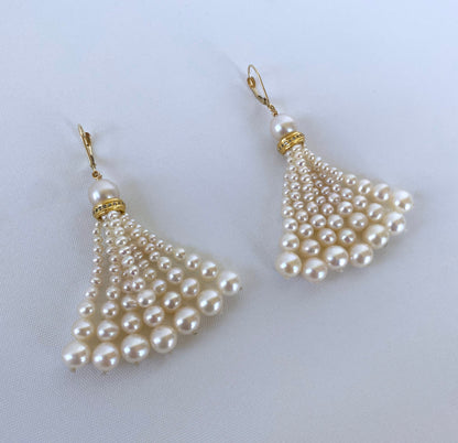 Graduated Pearl Earrings with Diamonds & 14k Yellow Gold