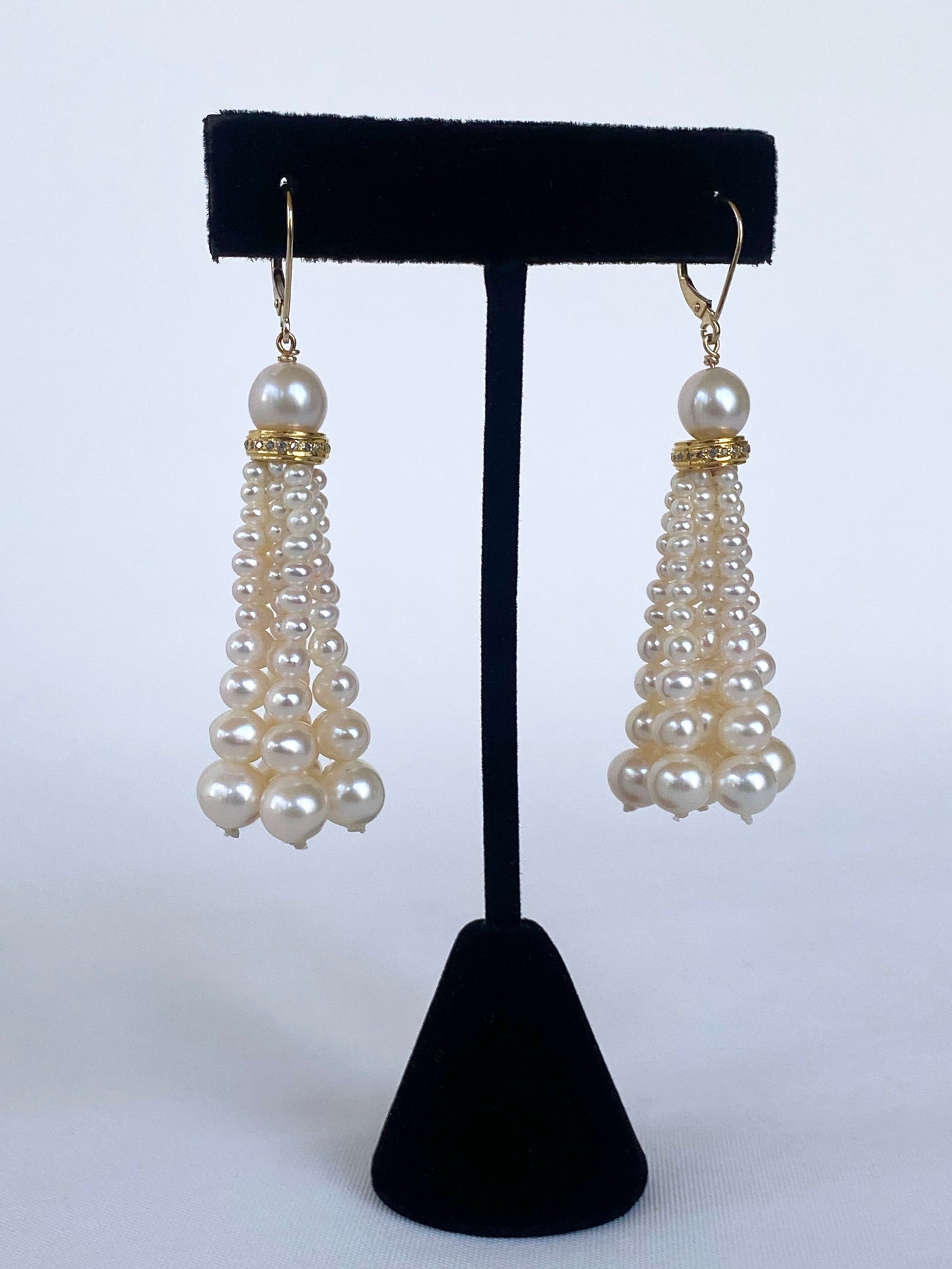 Graduated Pearl Earrings with Diamonds & 14k Yellow Gold