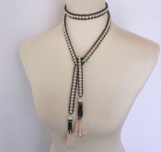 Art Deco Inspired Pearl & Black Onyx Sautoir with Graduated Tassels
