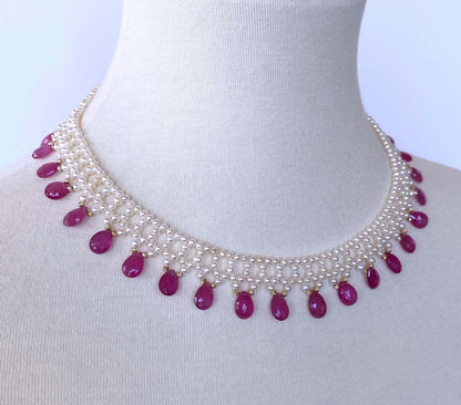Pink Sapphire & Pearl Woven Necklace with 14k Yellow Gold