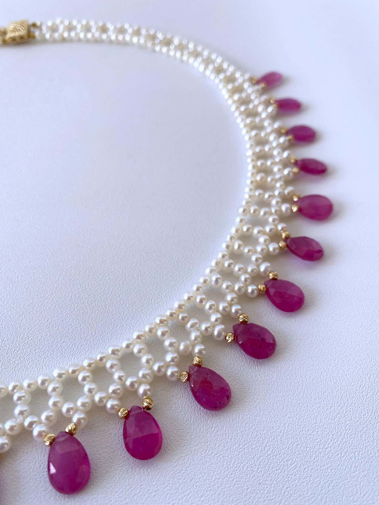 Pink Sapphire & Pearl Woven Necklace with 14k Yellow Gold