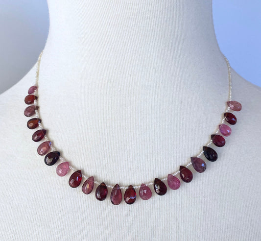 Seed Pearl, Tourmaline, Garnet and 14k Yellow Gold Valentines Necklace