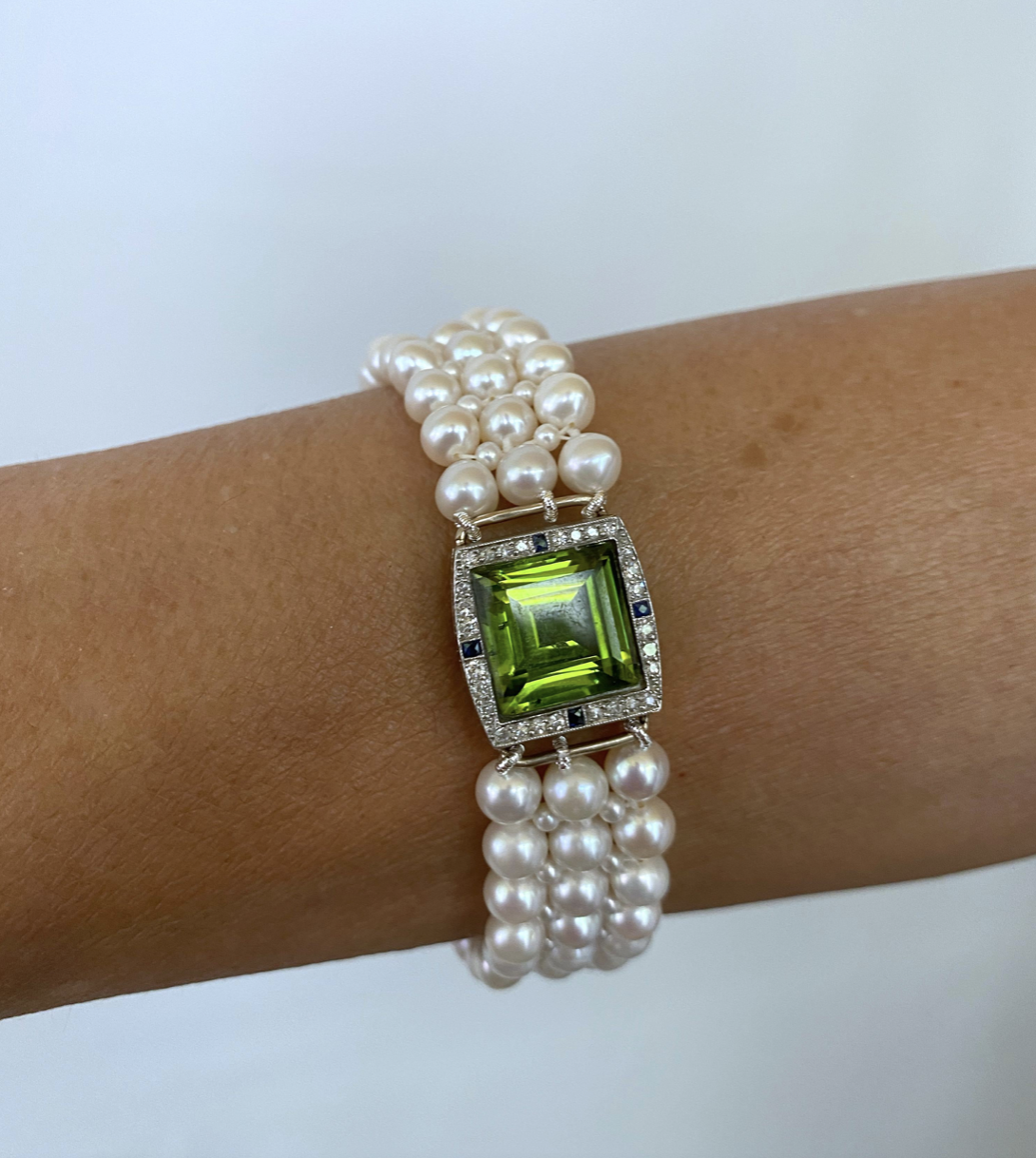 Woven Pearl Band with Peridot, Sapphire & Diamond 14k Gold Centerpiece
