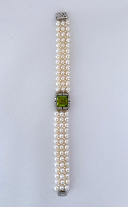 Woven Pearl Band with Peridot, Sapphire & Diamond 14k Gold Centerpiece