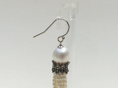 White Pearl Tassel Earrings with Diamonds and 14 K White Gold Hooks