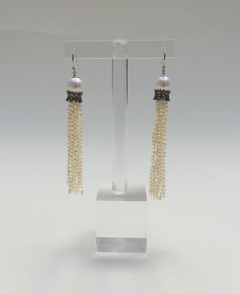 White Pearl Tassel Earrings with Diamonds and 14 K White Gold Hooks
