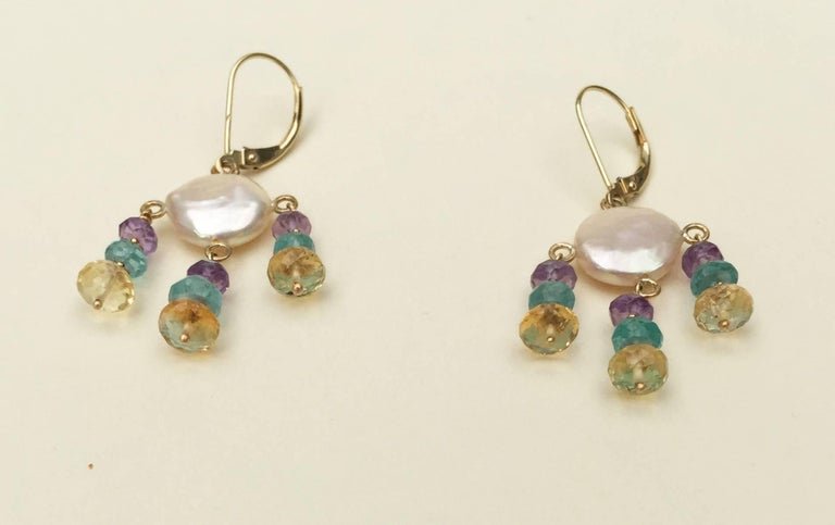 White Pearl Earrings with Amethyst, Topaz, Citrine and 14 Karat Gold