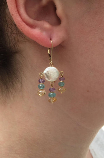 White Pearl Earrings with Amethyst, Topaz, Citrine and 14 Karat Gold