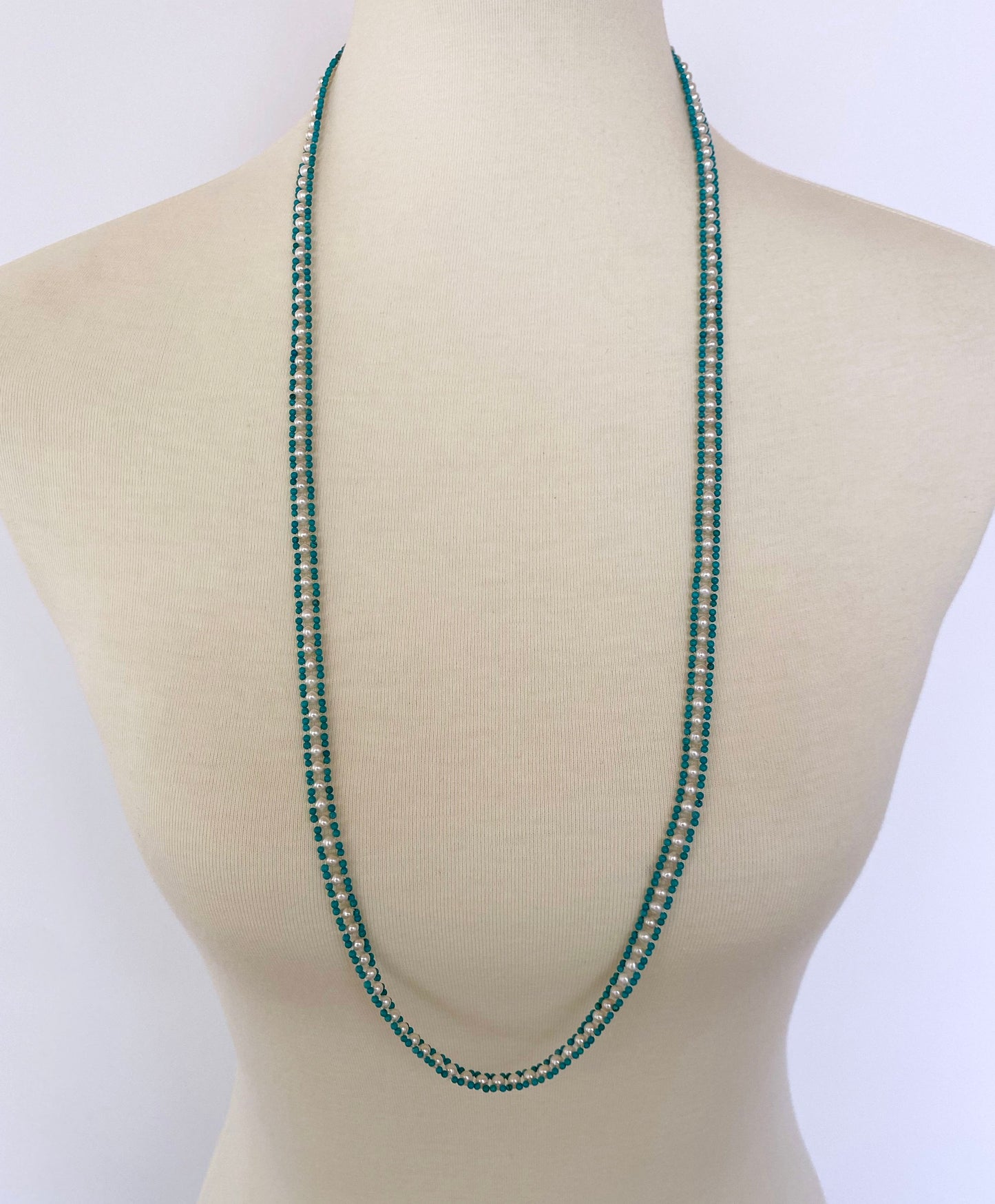 Marina J. Woven Pearl and Turquoise Beaded Sautoir with Graduated Pearl Tassel and 14K